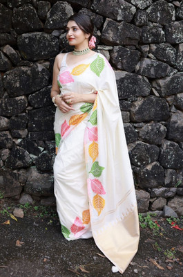 Divastri Woven, Embroidered Kanjivaram Cotton Silk Saree(White)