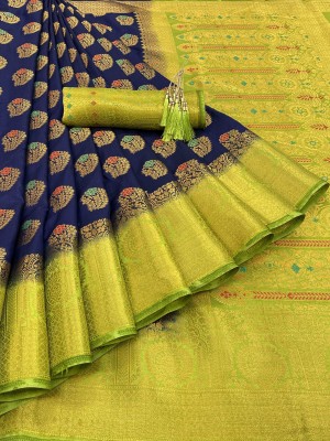 KanjiQueen Woven, Self Design Kanjivaram Silk Blend Saree(Dark Blue, Green)