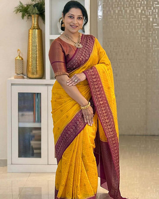 WOMENELEGENCE Embellished Banarasi Pure Silk Saree(Yellow)