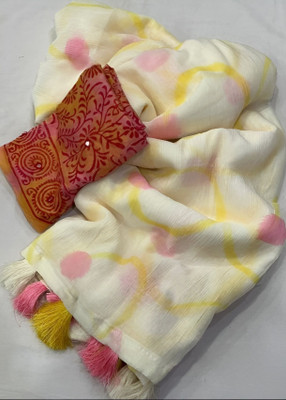 TAGALE Printed Daily Wear Cotton Linen Saree(Cream)