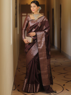 Banarasee Printed Banarasi Silk Blend Saree(Brown)