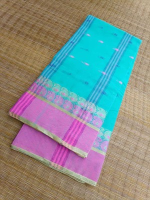 Dristikone Printed Tant Pure Cotton Saree(Light Blue)