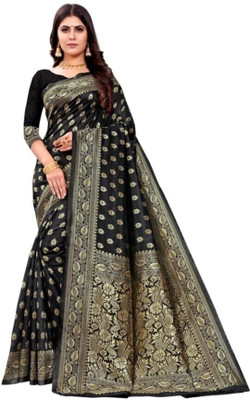 LEAFSY Self Design Banarasi Jacquard Saree(Black)