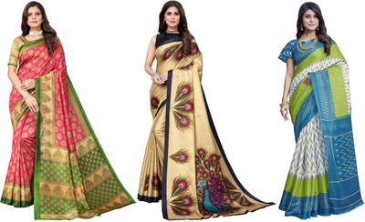 Nirvaan Printed Bhagalpuri Art Silk Saree(Pack of 3, Pink, Gold, White, Blue)