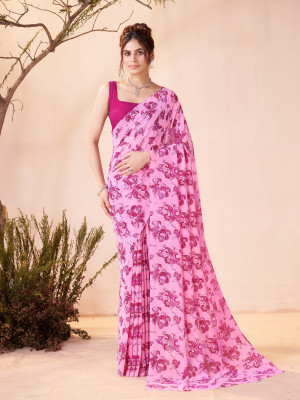 GARDEN VARELI Floral Print Bollywood Georgette Saree(Pink)