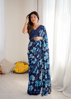Divastri Printed Banarasi Silk Blend Saree(Dark Blue)