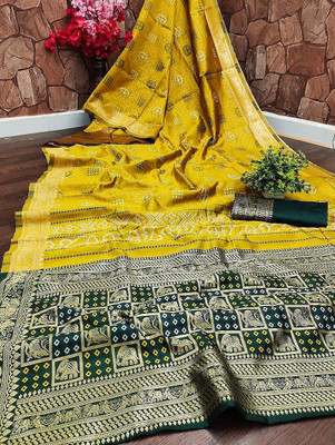 Divastri Woven, Printed Banarasi Jacquard, Cotton Silk Saree(Yellow)