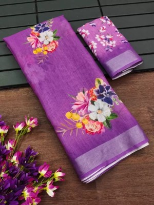 RISILA Digital Print Bollywood Cotton Linen Saree(Purple)