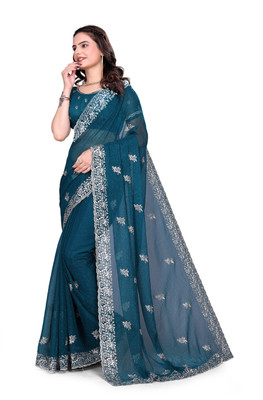 Mikhushop Embroidered Bollywood Silk Blend Saree(Dark Green)