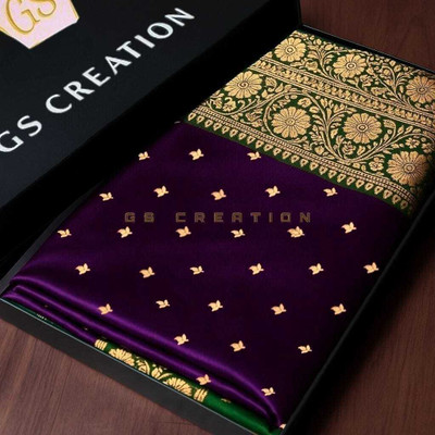 GS creation Woven Banarasi Satin Saree(Purple, Dark Green)