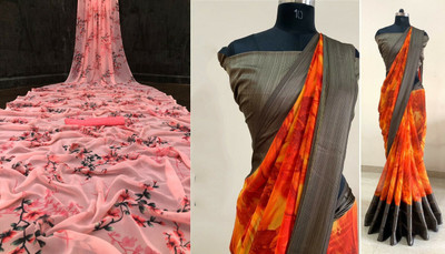 HouseOfCommon Floral Print Bollywood Georgette Saree(Pack of 2, Pink)