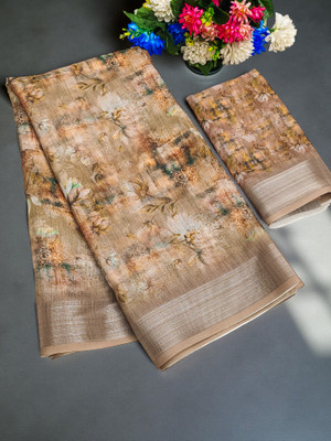 Drujha Digital Print, Printed Daily Wear Cotton Linen Saree(Silver)