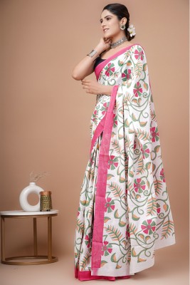 Tetarwal Floral Print Daily Wear Pure Cotton Saree(Pink, White)