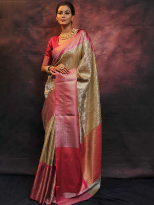 Varda Woven, Self Design Banarasi Art Silk Saree(Gold, Pink)