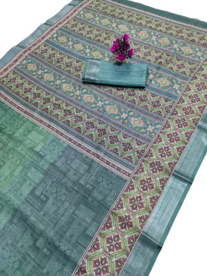 HouseOfCommon Printed Bollywood Pure Cotton, Cotton Linen Saree(Dark Green)