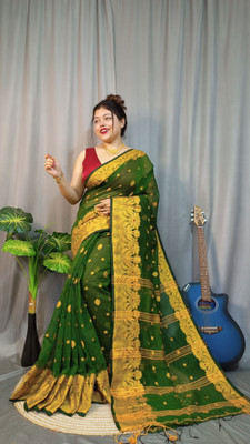 Anu Solid/Plain Handloom Cotton Silk Saree(Green)