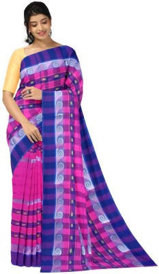 Maa saroda saree Ghar Checkered Tant Pure Cotton Saree(Purple, Blue)