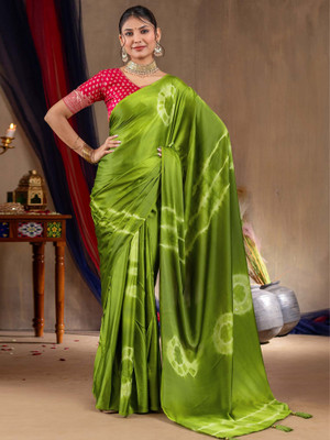 Sareemall Printed Hand Batik Satin Saree(Light Green)