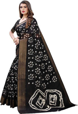 aslisanskriti Printed Bandhani Cotton Blend Saree(Black)