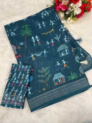 TOPPA Printed Banarasi Cotton Linen Saree(Multicolor)