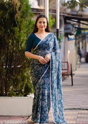 DAZLIO Printed Daily Wear Georgette Saree(Blue)