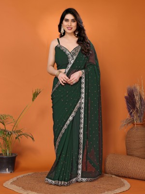 FABMORA Embellished Bollywood Georgette, Velvet Saree(Dark Green)