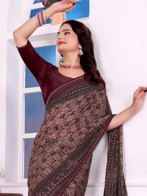 Kanooda Prints Printed Mysore Georgette Saree(Brown)