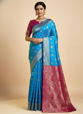 Fabbarries Woven, Floral Print, Self Design Banarasi Pure Silk Saree(Blue, Multicolor, Maroon)
