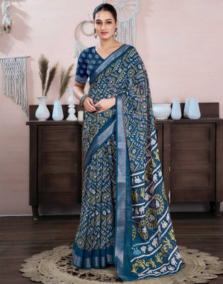 Samah Embellished, Printed Daily Wear Linen, Cotton Blend Saree(Blue)