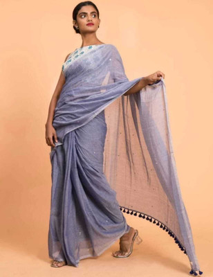 GM TEXTILE Self Design Handloom Cotton Blend Saree(Light Blue)