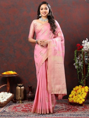 Manokamna Woven Banarasi Cotton Silk Saree(Pink)