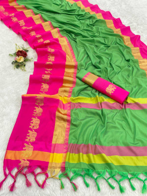 NST5 Solid/Plain, Woven, Animal Print Kanjivaram Cotton Silk Saree(Light Green)