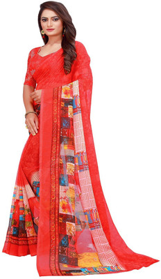 Suali Printed Madurai Georgette Saree(Red)