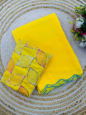 ZENFAB THREADS Self Design, Embroidered Bollywood Georgette Saree(Yellow)