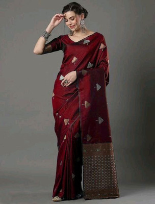 GREEN PEARS Woven Banarasi Silk Blend Saree(Maroon)