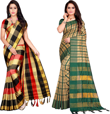 Shaibo saree Checkered Bollywood Cotton Silk Saree(Pack of 2, Multicolor)