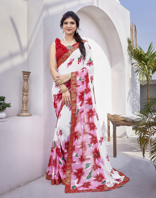 YASHIKA Printed Bollywood Georgette, Lace Saree(Red)