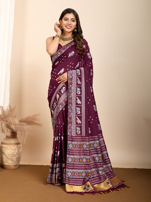 SDGRATITUDE Digital Print, Self Design, Printed Bollywood Pure Silk Saree(Purple)