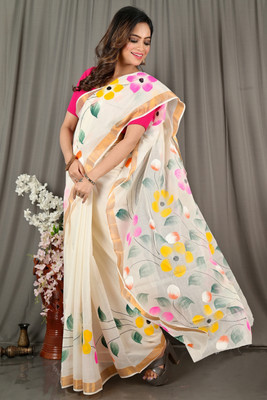 PuJoy Self Design Handloom Pure Cotton Saree(Multicolor)