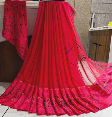 Bombey Velvat Fab Embellished Arani Pattu Georgette, Chiffon Saree(Red, Black)