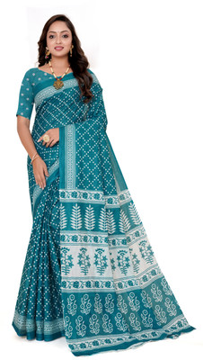 fashion riya Printed Handloom Cotton Blend Saree(Light Blue)