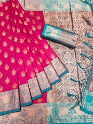 KRIYANSH Temple Border, Embroidered Banarasi Tussar Silk, Jacquard Saree(Pink)