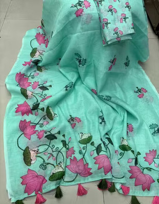 Amavii Floral Print Bollywood Linen Saree(Blue)