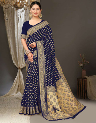 Samah Woven, Self Design, Embellished Banarasi Art Silk Saree(Blue, Gold)