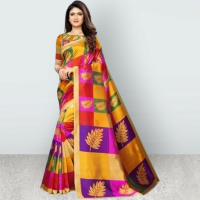 Grubstaker Printed Assam Silk Cotton Blend Saree(Multicolor)
