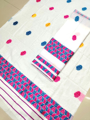 AREEVANZ Self Design Mekhela Chador Cotton Blend Saree(White)