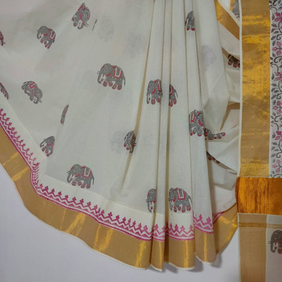 aArtyz Blocked Printed, Animal Print, Floral Print Kasavu Cotton Blend Saree(Cream)