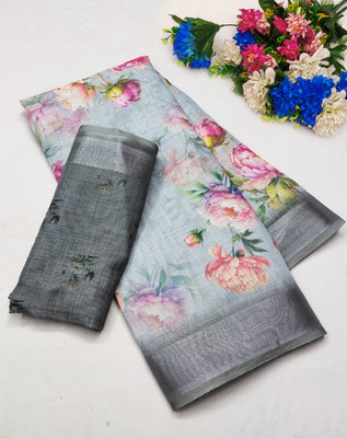 AARADHYA Digital Print Bollywood Cotton Linen Saree(Grey)