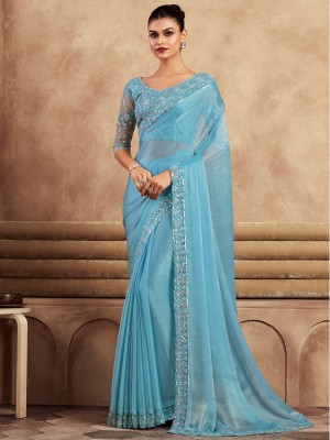 Divastri Embellished Bollywood Satin Saree(Light Blue)