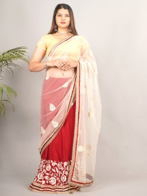 RANI SAHIBA Self Design Bollywood Net, Silk Blend Saree(Red, White)